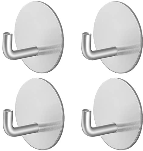 RouMio Haken Selbstklebend, 4 Stück Handtuchhaken Ohne Bohren, Ideal für Büro Badezimmer Toilette Küche. (4 Stück Silber Rund)