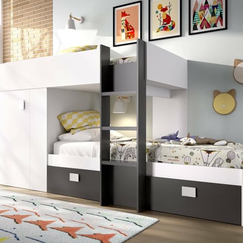 Dmora Bambini Cevedale, Cameretta Completa con Armadio e cassetti, Composizione Letto a Castello con Due lettini Singoli, 271x111h150 cm, Bianco, Blu e Antracite