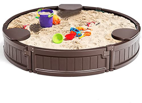 COSTWAY Arenero Infantil Redondo 120 cm, Arenero con Cobertura Impermeable, Cobertura Inferior y Asientos Incorporados en los Ángulos, para 4 Niños, Kit Arenero de Exterior para Patio (Redondo)
