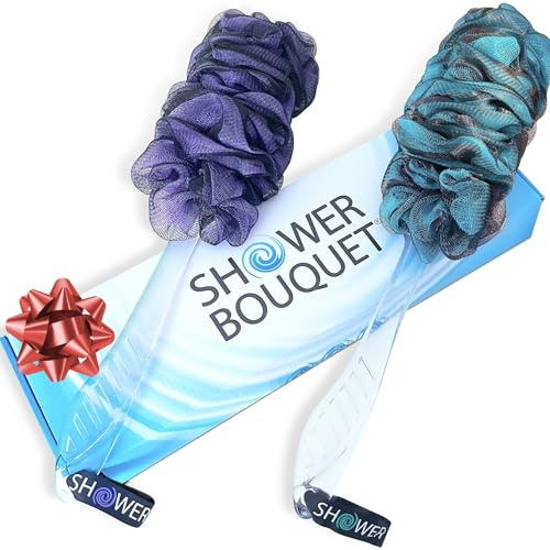 SHOWER BOUQUET Loofah-Charcoal Back-Scrubber Color-2-Pack // Long-Handle-Loofa-Lufa Bath-Sponge Brush/Extra Large Soft Mesh for Men & Women - Exfoliate with Full Pure Cleanse in Bathing Accessories
