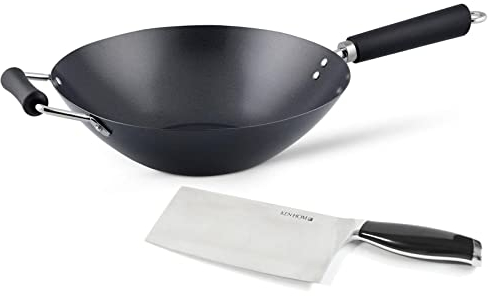 Ken Hom Wok 31 cm Induktion inkl. 18 cm Hackmesser - Karbonstahl Antihaft Wokpfanne mit Gegengriff & Kunststoffgriff - für alle Herdarten geeignet