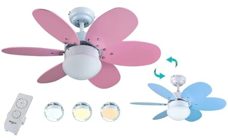 ALGARVE DC - Ventilador de techo con motor DC, mando a distancia, 75cm Ø, 6 aspas, rosa/celeste, chasis blanco