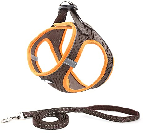 Suredoo Hundegeschirr mit Leine Anti Zug Geschirr Reflektierend Brustgeschirr für Kleine Hunde, Haustiere, Welpen, Katzen (Braun Orange, S)
