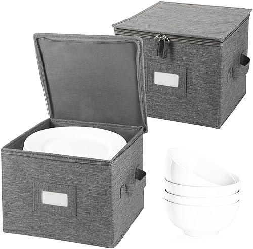 popoly China Storage Container for Bowls or Dessert Plates, 8.5 W x 6 H Plate Storage Case with 24 Felt Dividers, Hard Shell and Stackable (2 Pack Grey)