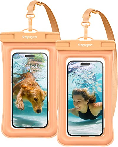 Spigen Aqua Shield Vattentät Mobilväska Vattentätt Mobilfodral [flytande] [2 stycken] undervattensfodral vattenskydd IPX8 kompatibel med iPhone, Galaxy, Xiaomi, Google Smartphones -Floating Orange