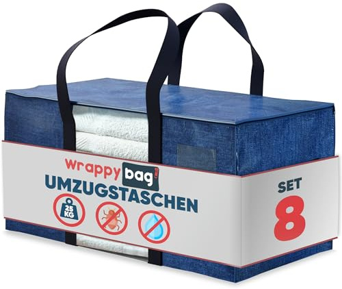 Wrappybag Umzugstaschen XXL Stabil - Aufbewahrungstasche Transport 8er | 8er-Set XXL Taschen mit verstärkten Nähten und Gurten, bis 25 kg belastbar - doppelter Reißverschluss, wasserabweisend