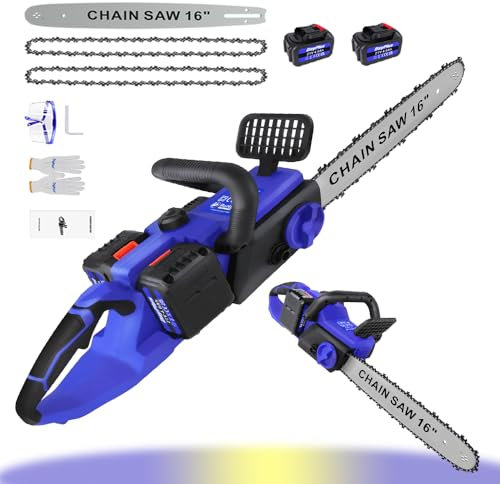 Brushless Upgraded 16 inch Cordless Electric Chainsaw with Auto-Oil System, Battery Chainsaw Portable Electric Chainsaw Handheld Chain Saws for Cutting Trees, 2Pcs Batteries