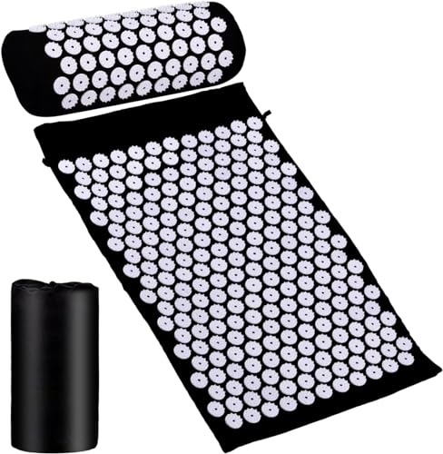 WHAPELQ Akupressurmatte Set Akupunktur Matte Akupressurmatte Mit Kissen, Schwarz Shiatsu Massagematte Matte Mit Stacheln FüR Erleichterung Der RüCkenschmerzen Kopf Nackenschmerzen（62x38x2cm）
