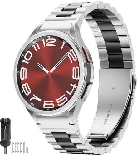 SUNDAREE Armband Kompatibel mit Samsung Galaxy Watch 7 44MM 40MM/Watch 6 Classic 47MM/5 Pro 45MM,Herren Edelstahl Metall Uhrband Band für Galaxy 7/FE/6/5/4 46MM 43MM 42MM,Watch7 Schwarz+Silber