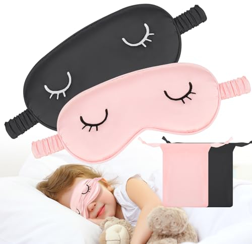 2 Stücke Schlafmaske Seide Kinder Augenmaske Schlafmaske Sleeping Mask, Schlafbrille Damen Schlafmaske Frauen Herren Weiche Licht Blockierende Nachtmaske Mit Aufbewahrungstasche(Schwarz Rosa)