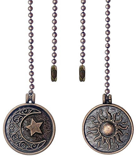 Booso Juego de 2 ventiladores de techo con cadena de tracción, modelo de sol y luna, de tracción, extensión de cobre con cuentas de esfera, cadena de tiro con adorno