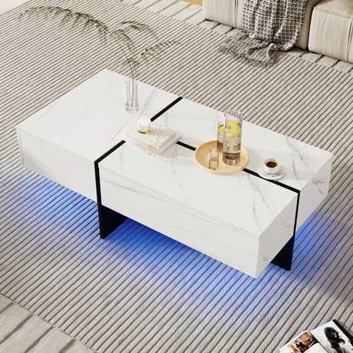 Merax Wohnzimmertisch, LED Couchtisch mit Stauraum, Hochglanz Kaffeetisch mit Schubladen, Modern Coffee Table, 100 x 50 x 34,5 cm, Weiß