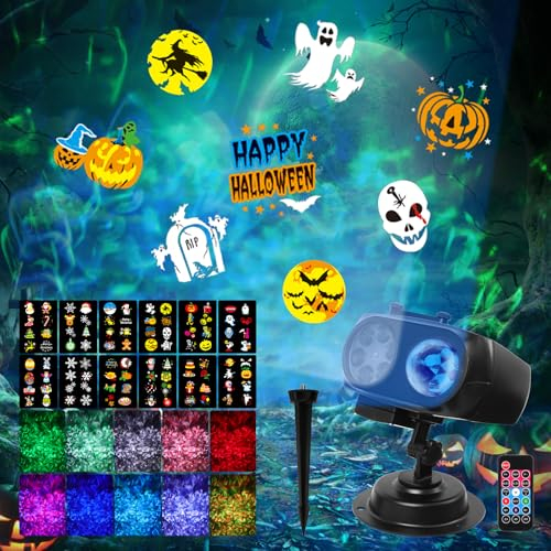 Qxmcov Projektor Weihnachten, LED Projektor Weihnachten Aussen Halloween Schneeflocken Projektionslampe Wasserwellen-Welleneffekt 12 Muster mit Fernbedienung für Weihnachte Halloween Party Deko