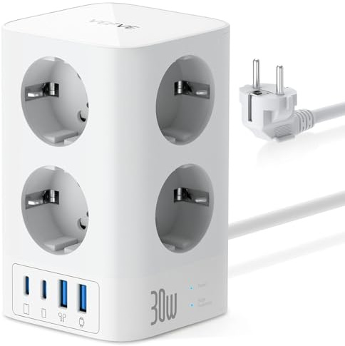 VEFVE Grenuttag Torn med USB C 30W Snabbladdning, 8 Uttag och 4 USB, Förgreningsdosa med Strömbrytare och Överspänningsskydd, 2m Kabel, 4000W 16A, Vit – för Kontor, Hem, Gaming