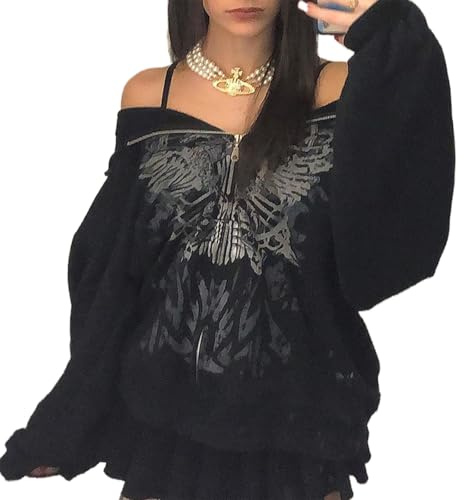 Meiweileya Women's Gothic Graphic Zip Up Hoodie with Skeleton Jacket Long Sleeve