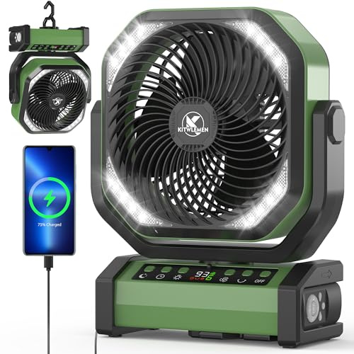 Camping Fan with Light - 20000mAh Rechargeable Battery Fan, 112Hrs Max Run Time, 8 Speeds, Digital Display, Timer, Auto Oscillation, 270° Pivot & Hook for Camping, Power Outage, Hurricane (Army Green)