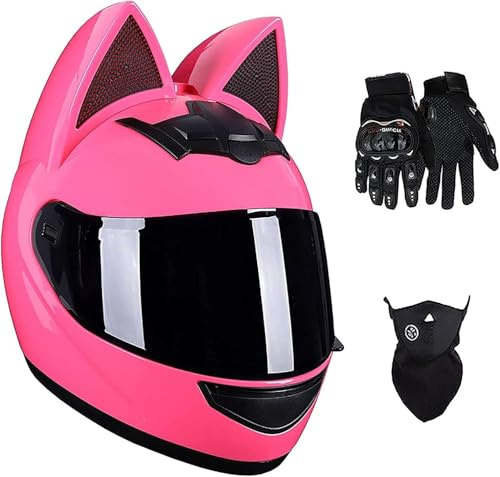 Personalidad De Orejas De Gato Casco De Moto con Orejas De Gato Cascos Integrales De Moto para Mujer con (Guantes/Mascarilla) Certificación ECE Casco Integral Lentes Negras B,L57-59CM