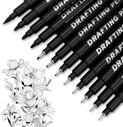 FloraVigo 12 schwarze Fineliner-Stifte, Micron Fine Line, Fineliner-Stift-Set, wasserfeste Tintenstifte für Illustration, Skizzieren, technisches Zeichnen, Profi-Set