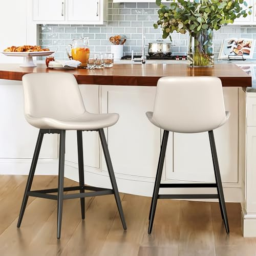 LUE BONA Barhocker 2er Set mit Lehne,61cm Hoch Barstuhl Metall mit Kunstleder Sitzfläche,Bar Hocker mit 4 Metallbeinen,Moderner Barstuhl für Küche,Theke,Antikes Weiß