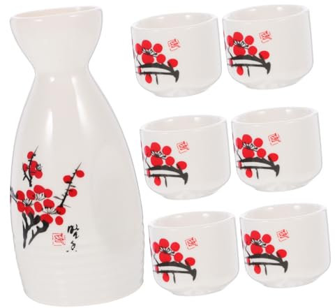 SECFOU Juego De Copas y Jarra De Licor para Sake Japonés, Cerámica Esmaltada, Superficie Esmerilada, Resistente a Baja Absorción De Agua, para Hogares y Restaurantes, Set Jarra y Seis Tazas