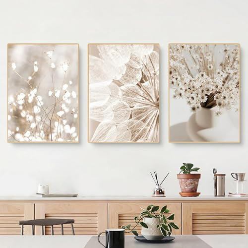 champracer 3er Set Boho Poster Beige Landschaft Deko Bild Leinwand Malerei Trockenblumen für Wohnzimmer Schlafzimmer Ohne Rahmen (30x40cm)