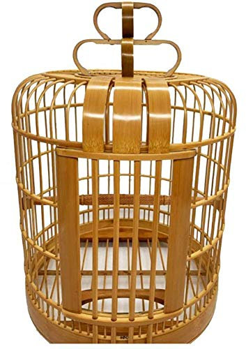 Gedigna vintage handsnidade fågelburar Träfärg hängande papegojbur med matbehållare Stativ Bar bricka (träfärg 36cm)