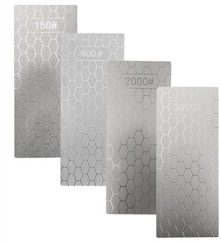 4 Piezas Piedra Afilar Diamante,150/600/2000/3000 Placas Afiladoras de Grano Extra Grueso/Medio/Extra Fino para Cuchillos, Hachas, Hachuelas, Cuchillas de Cortacésped, Podadoras y Cinceles