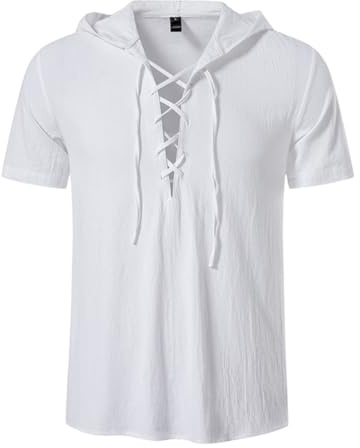 Rayson T- Shirt Homme Sweat à Capuche Homme Manches Courtes Été Col en V Cordon de Serrage Couleur Unie T Shirts Casual de Plage(Blanc,XXL)
