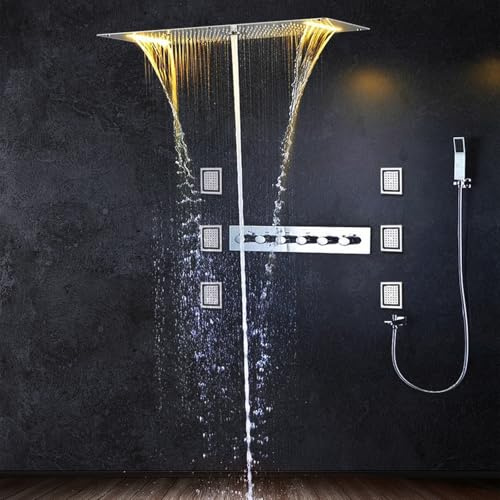 Mainen Duschsystem,38x70cm Multifunktionales duschgarnitur mit LED,duschset mit 6 Seitenbrausen,regendusche mit Thermostat,duschsäule ohne Armatur,Chrom