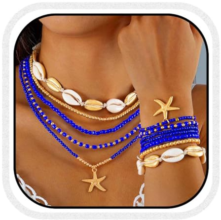 Reaky Boho-Perlen-Halskette, bunte Seestern-Halsketten, mehrlagiges Muschelarmband und Halsketten-Set, Strand-Accessoires für Frauen und Mädchen (12er-Pack) (Blau)