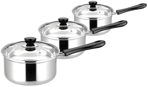 3-Piece Stainless Steel Saucepan Set with Glass Lids – Lightweight & Budget-Friendly – 16cm, 18cm, 20cm – Steam Vents, Dishwasher Safe – Gas, Electric & Ceramic Hob Compatible