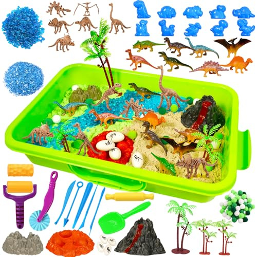 GW Box Dinosaur Sensory Bin 147 Pcs Dinosaurs Sand Kit with Sandbox 2.2 lbs Color Sensory Sand 10 Dinosaur Mould 9 Tools for Easy Storage Bin Filler