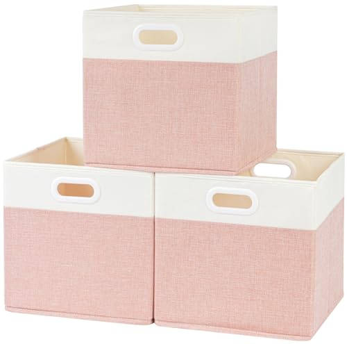 SOCOHOME 33x38x33 Aufbewahrungskorb, Faltbare Aufbewahrungsboxen Stoff für Schrank Regal und Kleidung,Waschbar(Rosa/Weiß, 3 Pack)