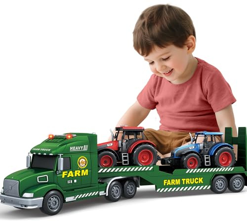 Bstoyder Toddler Boy Toys for 3 4 5 6 7 Years Kids, 27 Semi Flatbed Truck Toy with 2 Tractors, Friction Powered Vehicles Toys with Lights and Sounds, Birthday for Boy Girls