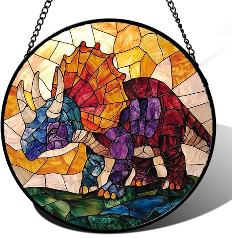 JOSUMALY Stained Glass Window Hanging - Triceratops Abstract Dinosaur Suncatcher for Door Terrace Garden Home Decor, Orange Red Sun Catcher Birthday Gifts for Lovers Women Men Dad Mom Nana 7.8 in