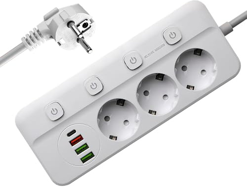 KBIBCK Steckdosenleiste Einzeln Schaltbar, 3 Fach Mehrfachsteckdose mit 3 USB B und 1 Type C, Verteilersteckdose mit Kindersicherung, Mehrfachsteckdose mit Schalter für Zuhause Büro, 2M Kabel (Weiß)