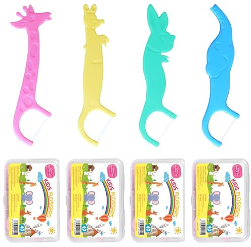 160 Pcs Zahnseide Sticks Kinder, 4 Tierformen Griff Zahnseide Kinder Bunte Farben Flossers Zahnseide Glatt Ohne Spuren Griff Flossers für Dental floss Kids