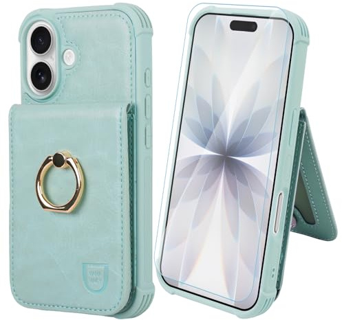 VANAVAGY Wallet Case with Coin Pocket for iPhone 17,Light Mint | PU Leather Flip Cover,12ft Drop Protection,RFID Blocking Card Holder,360° Rotation Ring Kickstand,Includes Screen Protector