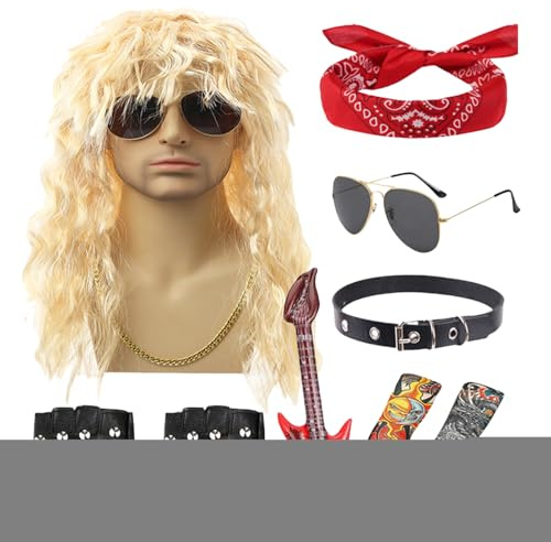 zwxqe Rocker Costume Men - Heavy Metal Cosplay Outfit | Punk Style Outfit with Sunglasses Wig for Outdoor Party Beach Holiday Musical Festival Stage Performance Halloween Events