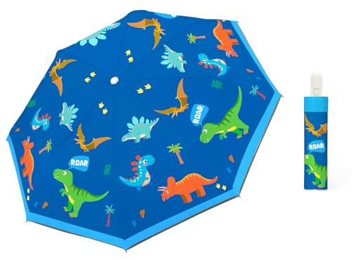 alldomess Paraguas Plegable Niños Antiviento,Paraguas Compacto Anti-UV con Cinta Reflectante 364°, Ligero y Mignon Paragua Anti-Rebote Seguro para Bebés, Niñas y Niños,Dinosaurio