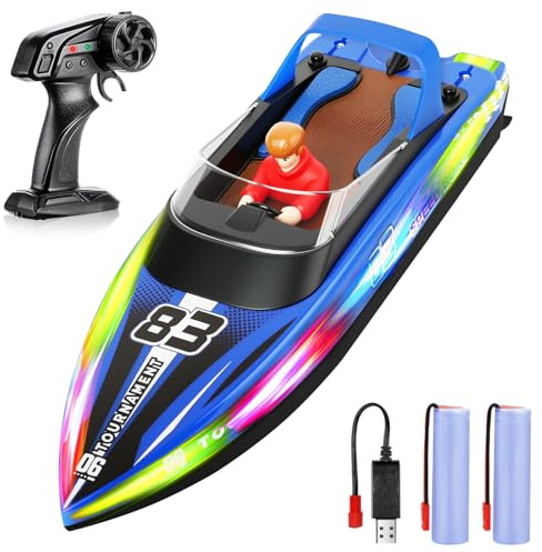HOTUT Barca Telecomandata per Bambini, Impermeabile Barca da Corsa RC ad Alta Velocità da 2,4 GHz con Luce LED,Motoscafo Giocattolo Ricaricabile con Fantoccio,Motoscafo Giocattolo per Adulti e Bambini