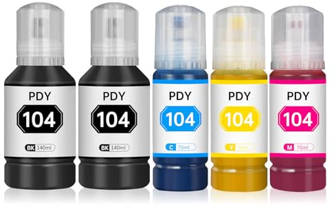 PDY 104 Tinte Kompatibel für Epson 104 EcoTank ET-2710 ET-2711 ET-2712 ET-2714 ET-2715 ET-2720 ET-2721 ET-2726 ET-2810 ET-2811 ET-2815 ET-2820 ET-2821 ET-2825 ET-2826 ET-4700 ET-4800 Drucker (5 PK)