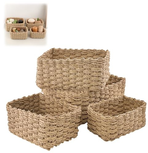 SEESUNO Wicker Storage Baskets, Set of 4 Small Handwoven Rattan Seagrass Basket for Shelves Bathroom, Bedroom and Home Office
