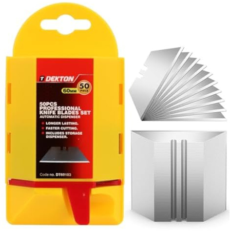 Dekton 50PCS SK5 Utility Blades with Auto Dispenser - Heavy Duty Steel, Long - Lasting Sharp Blades for Cardboard, Carpet, Leather, Paper & DIY Cutting Projects