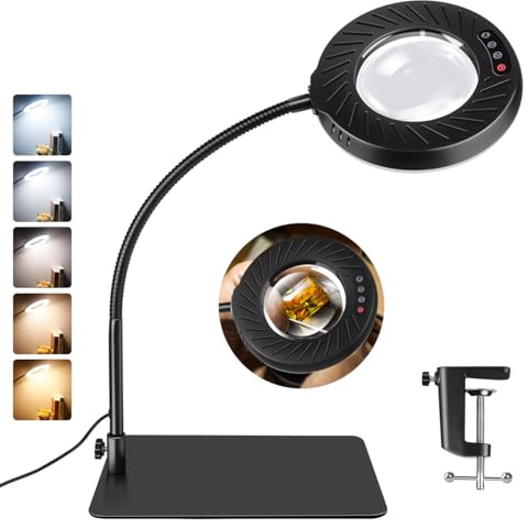Morotty Lampada Con Lente Ingrandimento 12x Con Luce E Supporto,Lampada Da Tavolo Led Dimmerabile Con 5 Modalità Di Colore,9 Livelli Di Luminosità Per Lavori Artigianali, Riparazioni, Pittura Con