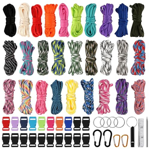 AOROPS Paracord Kit, 59Pcs Multifunction Paracord Bracelet Kit, 28 Colors 10 Feet Paracord Cord with Buckles Keychain Key Rings Stitching Needles for DIY Crafts Outdoor