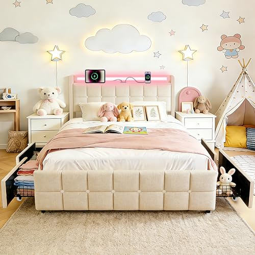 EBSFBD Gepolsterter Bettrahmen, 140x200 cm, mit LED-Kopfteil, 4 Stauraum-Schubladen & Ladestation, Modernes Plattformbett mit Holzlattenrost, Leinen, Beige