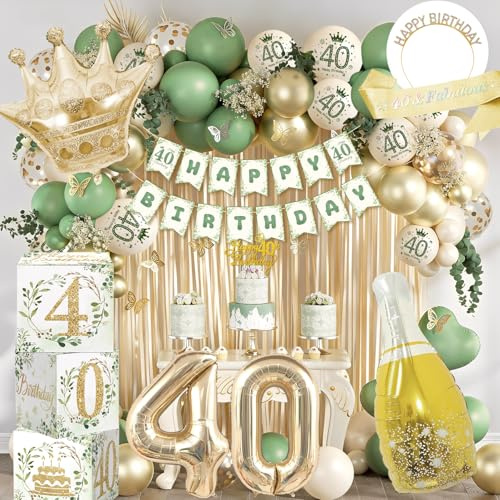 Decoración 40 Cumpleaños Mujer – Verde y Dorado, Globos 40 Años con Corona, Banda, Cortina de Lametta, Banderín Happy 40th Birthday – Accesorios de Fiesta para Mujer de 40 Años, Set Completo