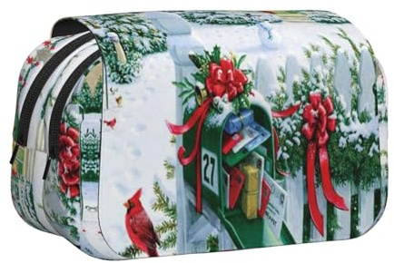 DNBCLEZK Christmas Mailbox and Gifts Flip Top Double Layer Pencil Case,Full Print Oxford-Cloth Stationery Pouch with Zipper and Sticky Flap,Large Capacity Pencil Bag