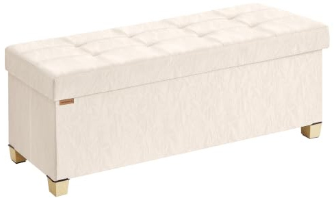 SONGMICS Puf Baúl de Almacenaje, Cuero Sintético Fácil de Limpiar, Banco Plegable con Asiento Acolchado, 110 x 38 x 40 cm, Blanco Cálido, para Dormitorio y Salón, Colección Minota LSF524WD01